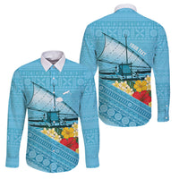 Personalised Bula Vinaka Fiji Drua Family Matching Off Shoulder Maxi Dress and Hawaiian Shirt Fijian Traditional Canoe Tapa Cloth Blue
