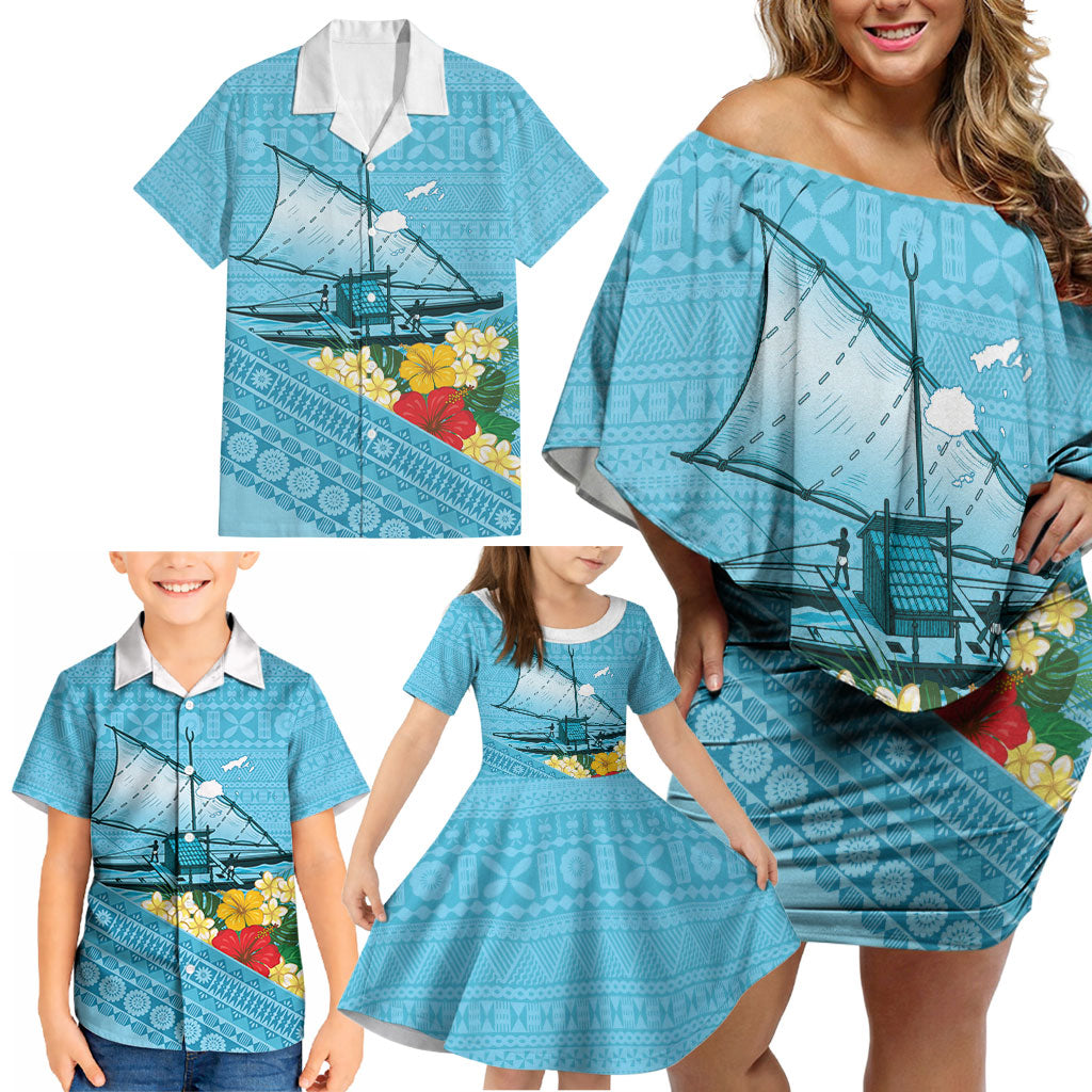 Personalised Bula Vinaka Fiji Drua Family Matching Off Shoulder Short Dress and Hawaiian Shirt Fijian Traditional Canoe Tapa Cloth Blue