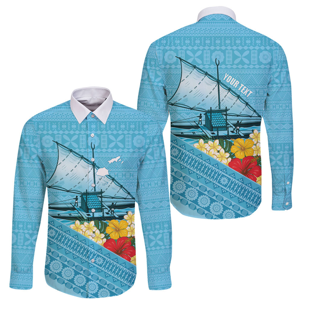 Personalised Bula Vinaka Fiji Drua Family Matching Off Shoulder Short Dress and Hawaiian Shirt Fijian Traditional Canoe Tapa Cloth Blue