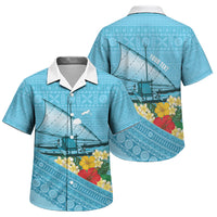 Personalised Bula Vinaka Fiji Drua Family Matching Puletasi and Hawaiian Shirt Fijian Traditional Canoe Tapa Cloth Blue LT14 Son's Shirt Blue - Polynesian Pride