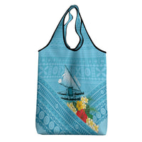 Personalised Bula Vinaka Fiji Drua Grocery Bag Fijian Traditional Canoe Tapa Cloth Blue