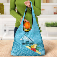Personalised Bula Vinaka Fiji Drua Grocery Bag Fijian Traditional Canoe Tapa Cloth Blue