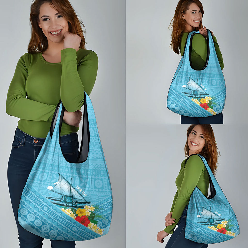 Personalised Bula Vinaka Fiji Drua Grocery Bag Fijian Traditional Canoe Tapa Cloth Blue