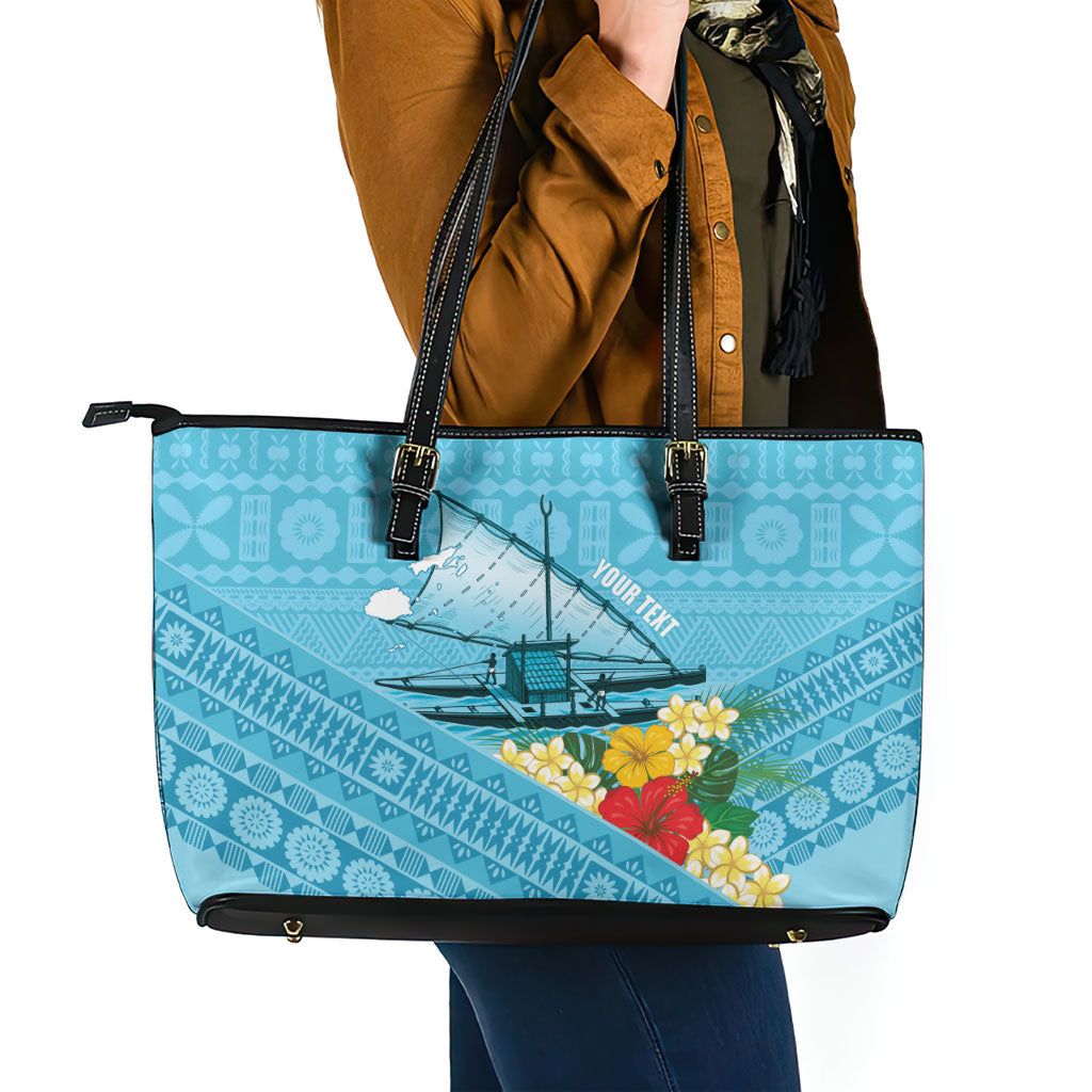 Personalised Bula Vinaka Fiji Drua Leather Tote Bag Fijian Traditional Canoe Tapa Cloth Blue