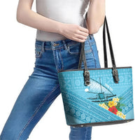 Personalised Bula Vinaka Fiji Drua Leather Tote Bag Fijian Traditional Canoe Tapa Cloth Blue