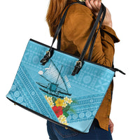 Personalised Bula Vinaka Fiji Drua Leather Tote Bag Fijian Traditional Canoe Tapa Cloth Blue