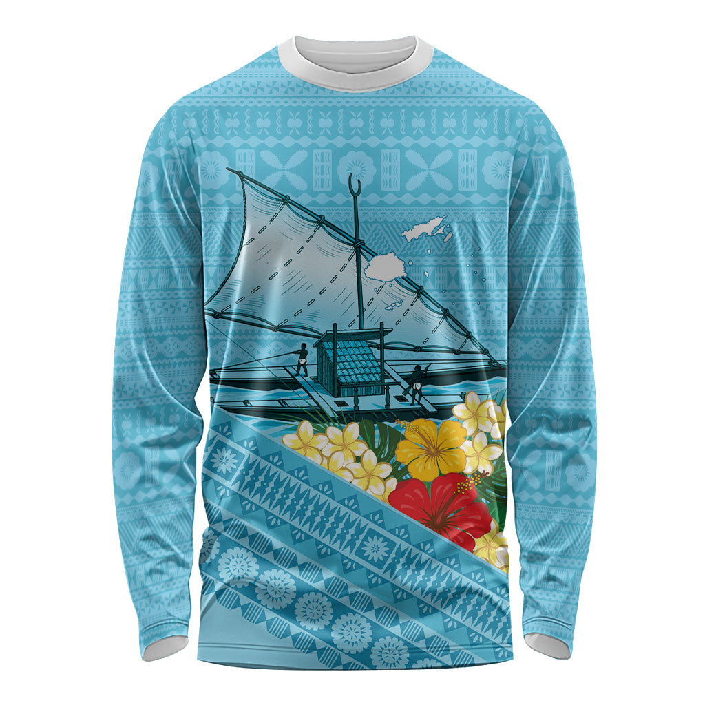 Personalised Bula Vinaka Fiji Drua Long Sleeve Shirt Fijian Traditional Canoe Tapa Cloth Blue