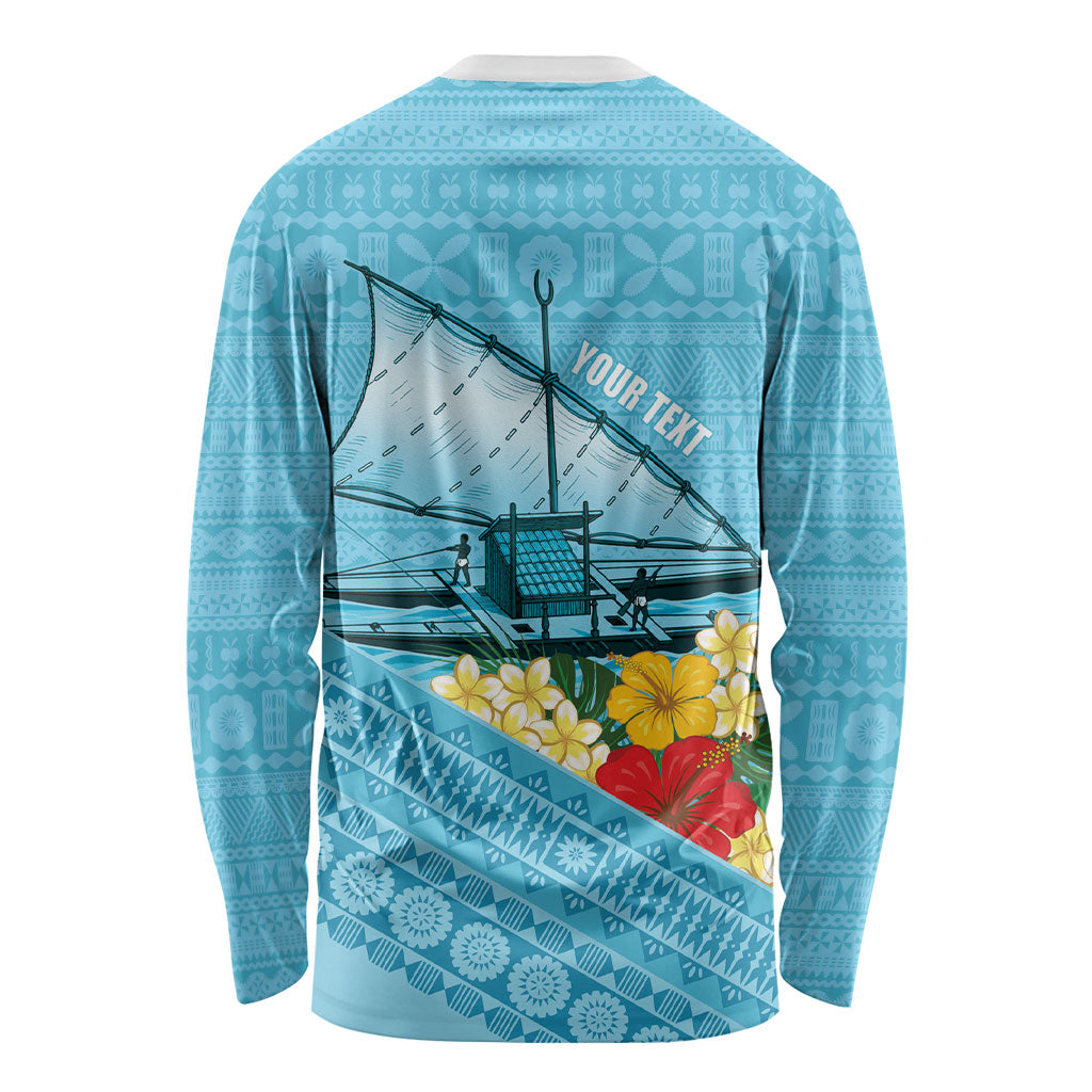 Personalised Bula Vinaka Fiji Drua Long Sleeve Shirt Fijian Traditional Canoe Tapa Cloth Blue