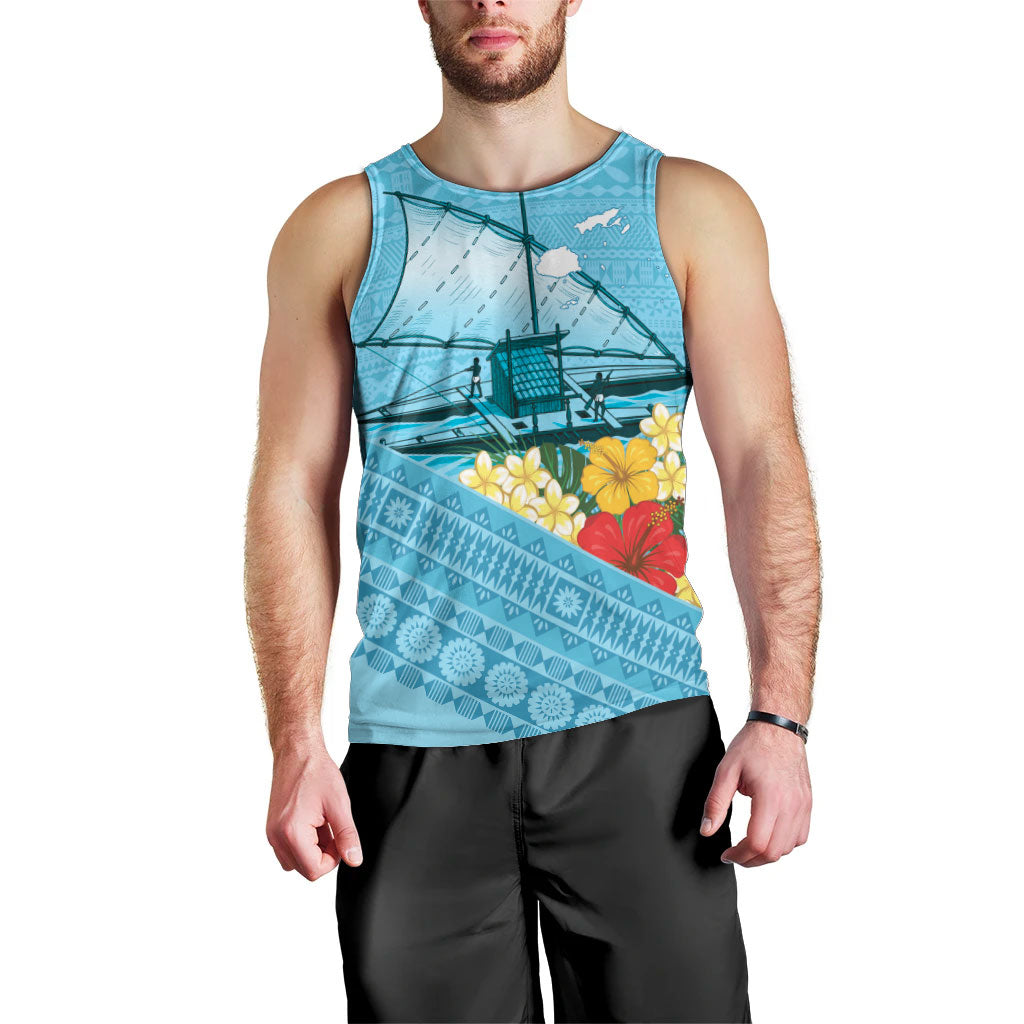 Personalised Bula Vinaka Fiji Drua Men Tank Top Fijian Traditional Canoe Tapa Cloth Blue