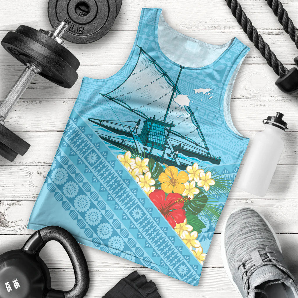 Personalised Bula Vinaka Fiji Drua Men Tank Top Fijian Traditional Canoe Tapa Cloth Blue