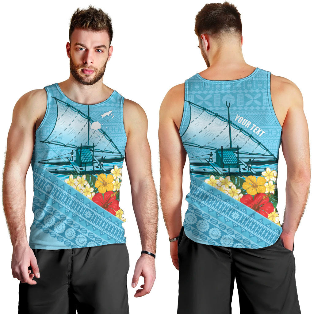 Personalised Bula Vinaka Fiji Drua Men Tank Top Fijian Traditional Canoe Tapa Cloth Blue