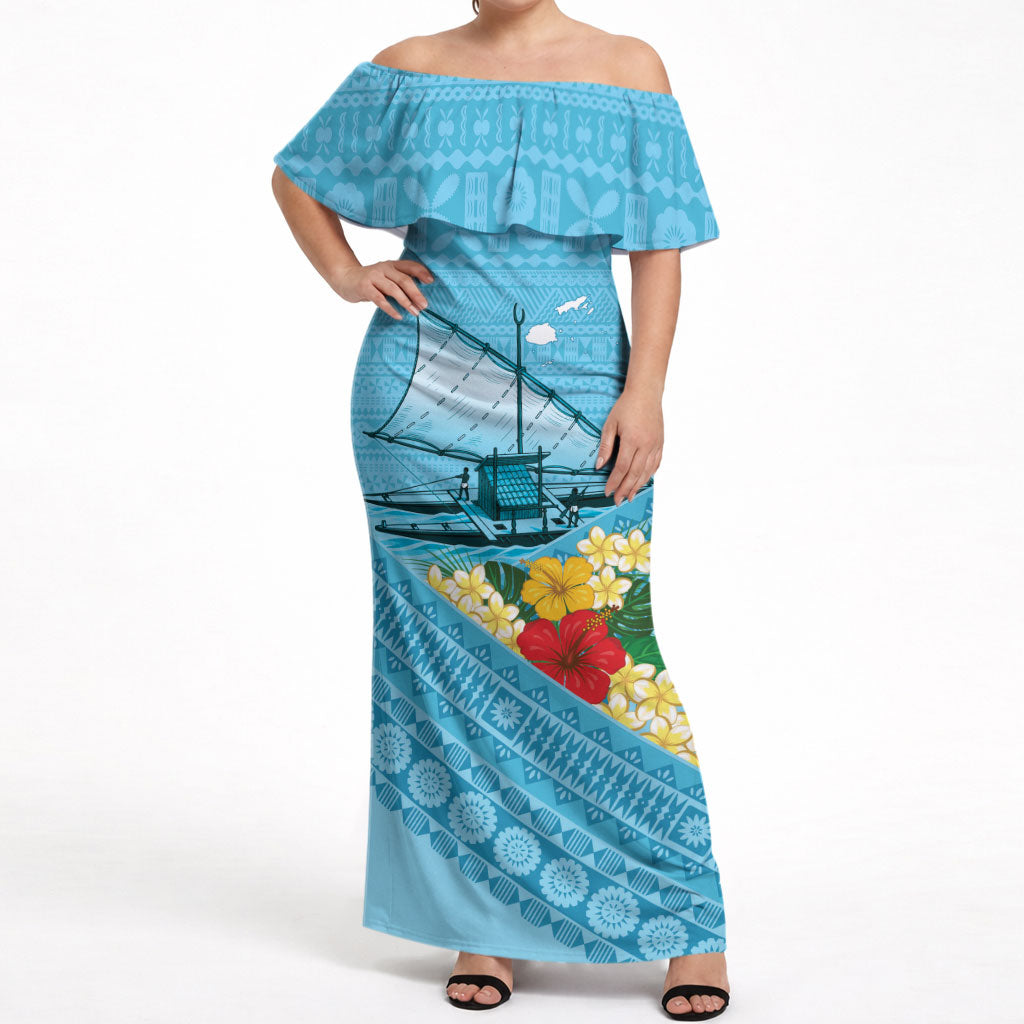 Personalised Bula Vinaka Fiji Drua Off Shoulder Maxi Dress Fijian Traditional Canoe Tapa Cloth Blue