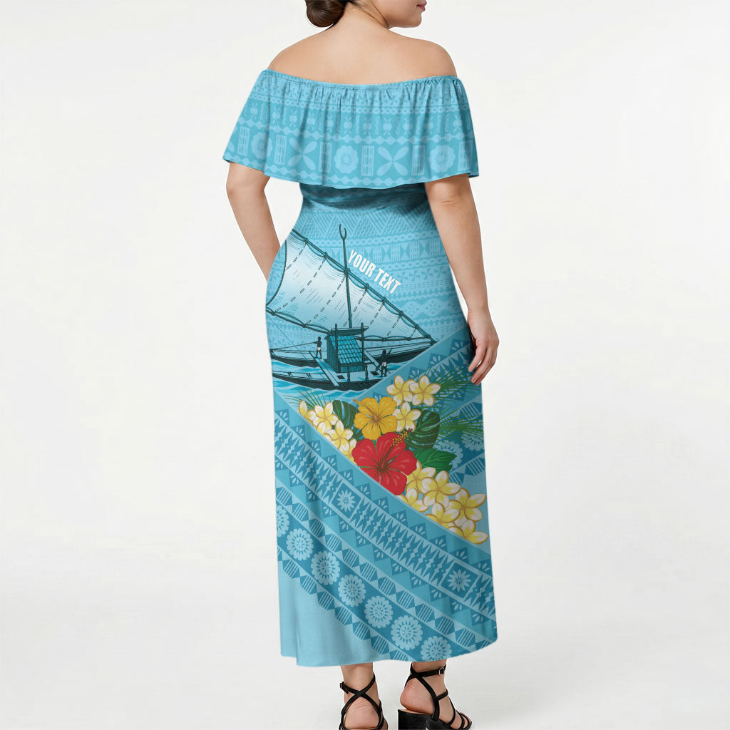 Personalised Bula Vinaka Fiji Drua Off Shoulder Maxi Dress Fijian Traditional Canoe Tapa Cloth Blue