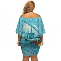 Personalised Bula Vinaka Fiji Drua Off Shoulder Short Dress Fijian Traditional Canoe Tapa Cloth Blue