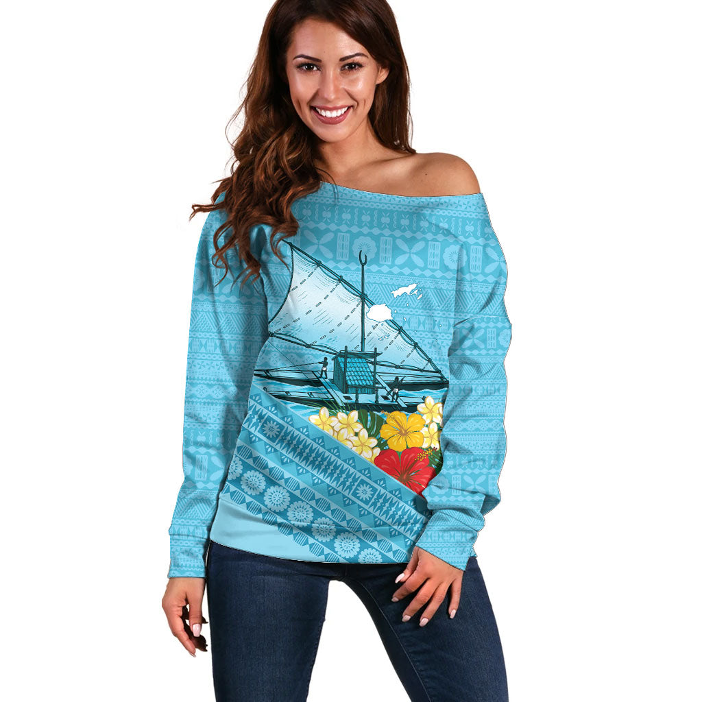 Personalised Bula Vinaka Fiji Drua Off Shoulder Sweater Fijian Traditional Canoe Tapa Cloth Blue