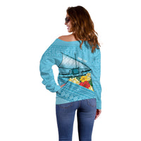 Personalised Bula Vinaka Fiji Drua Off Shoulder Sweater Fijian Traditional Canoe Tapa Cloth Blue