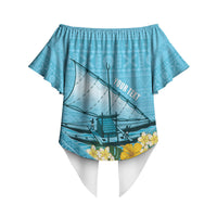 Personalised Bula Vinaka Fiji Drua Off Shoulder Wrap Waist Top Fijian Traditional Canoe Tapa Cloth Blue