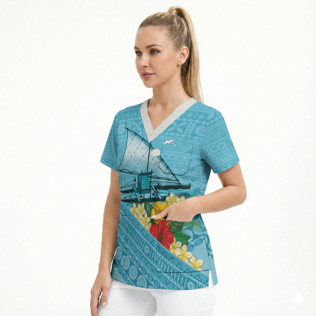 Personalised Bula Vinaka Fiji Drua Scrub Top Fijian Traditional Canoe Tapa Cloth Blue LT14 - Polynesian Pride