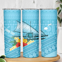 Personalised Bula Vinaka Fiji Drua Skinny Tumbler Fijian Traditional Canoe Tapa Cloth Blue LT14 - Polynesian Pride
