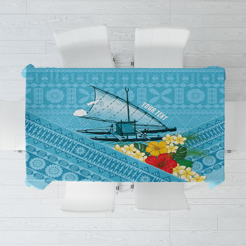 Personalised Bula Vinaka Fiji Drua Tablecloth Fijian Traditional Canoe Tapa Cloth Blue