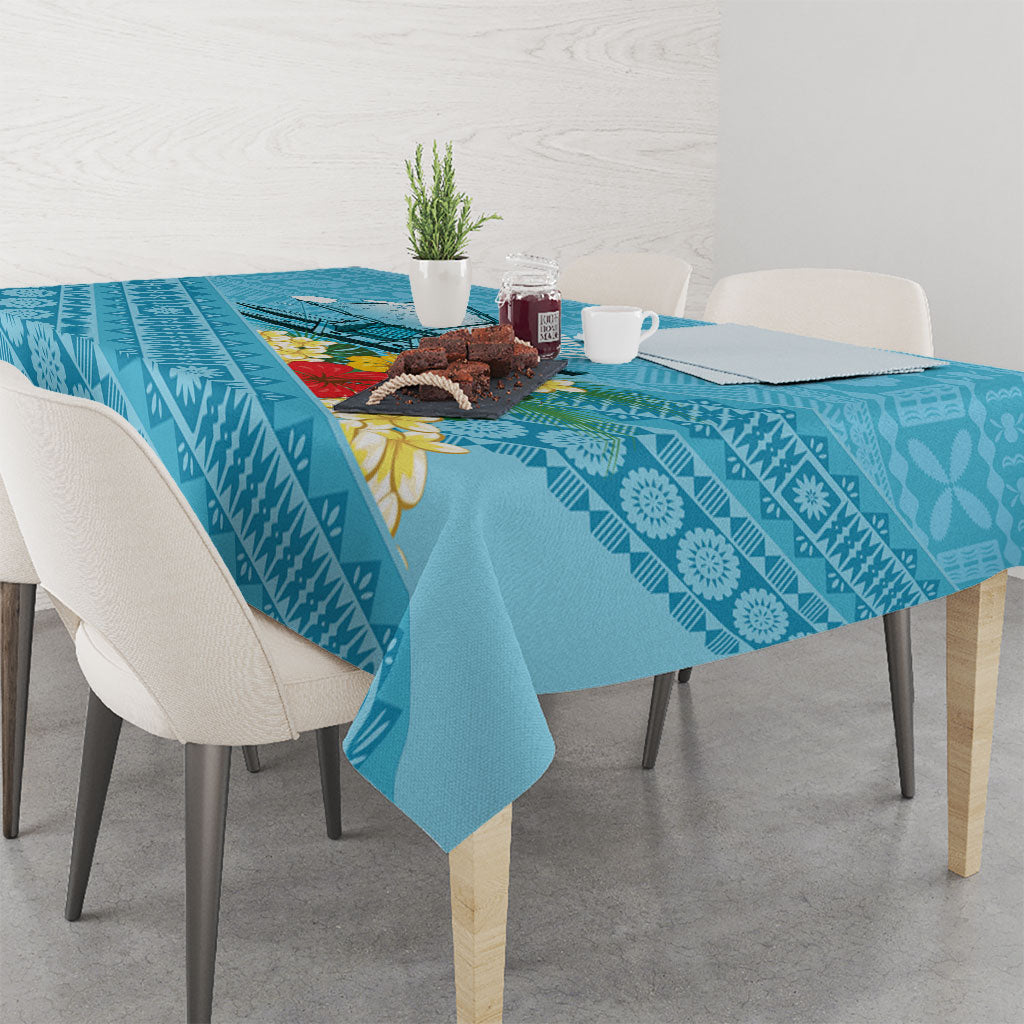 Personalised Bula Vinaka Fiji Drua Tablecloth Fijian Traditional Canoe Tapa Cloth Blue