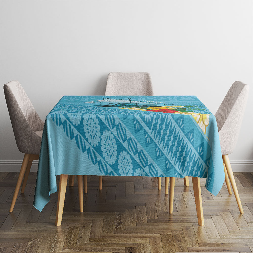 Personalised Bula Vinaka Fiji Drua Tablecloth Fijian Traditional Canoe Tapa Cloth Blue