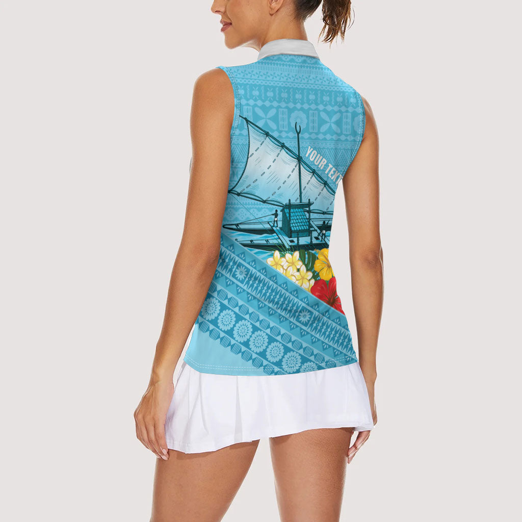 Personalised Bula Vinaka Fiji Drua Women Sleeveless Polo Shirt Fijian Traditional Canoe Tapa Cloth Blue LT14 - Polynesian Pride