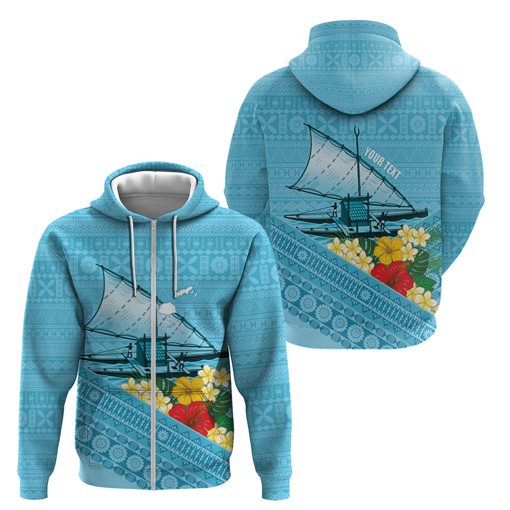 Personalised Bula Vinaka Fiji Drua Zip Hoodie Fijian Traditional Canoe Tapa Cloth Blue LT14 - Polynesian Pride