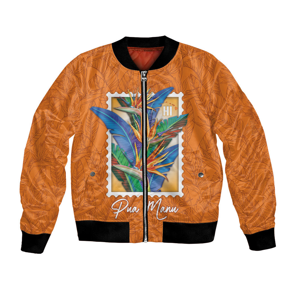 Aloha Hawaii Pua Manu Bomber Jacket Hawaiian Bird of Paradise Flowers Stylized Stamp LT14 Unisex Orange - Polynesian Pride