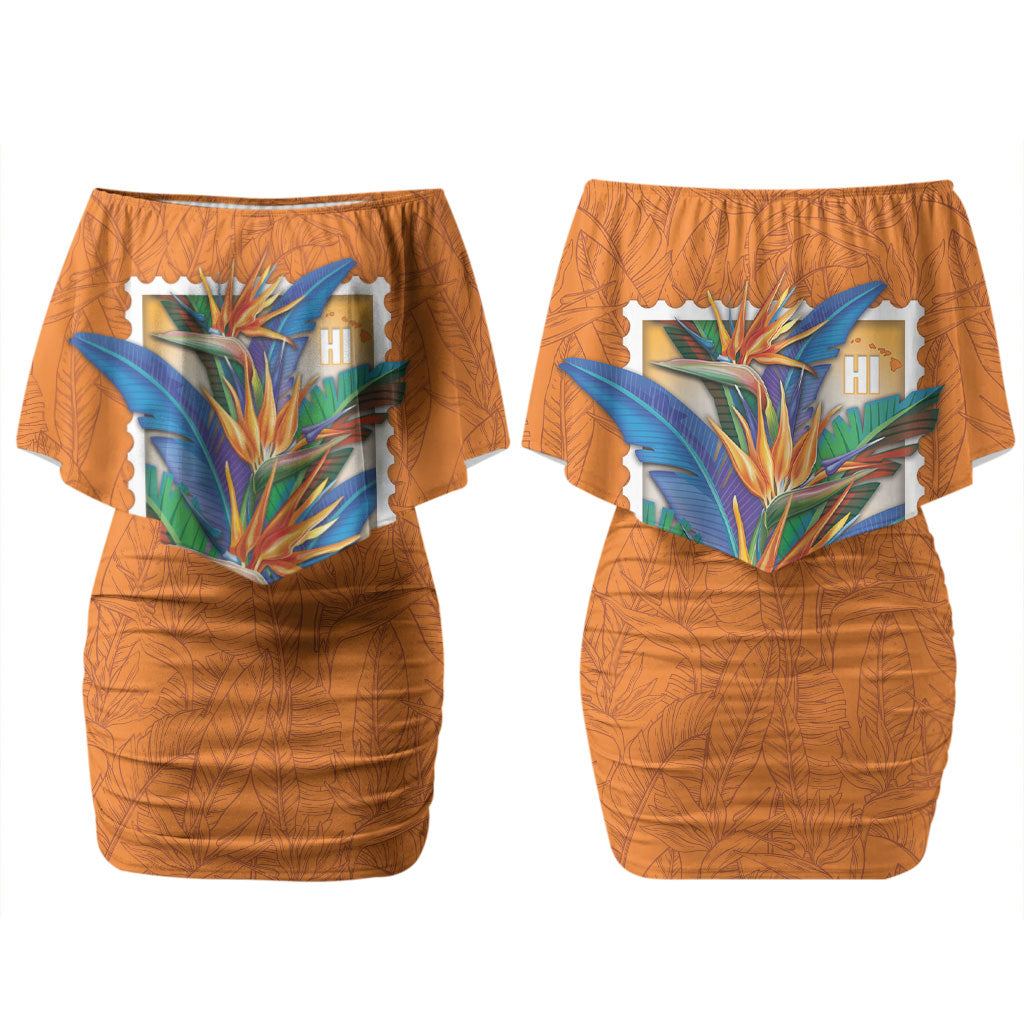 Aloha Hawaii Pua Manu Couples Matching Off Shoulder Short Dress and Long Sleeve Button Shirt Hawaiian Bird of Paradise Flowers Stylized Stamp LT14 - Polynesian Pride