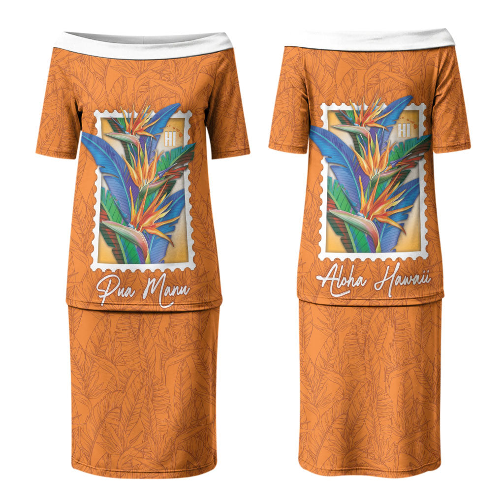 Aloha Hawaii Pua Manu Couples Matching Puletasi and Long Sleeve Button Shirt Hawaiian Bird of Paradise Flowers Stylized Stamp LT14 - Polynesian Pride