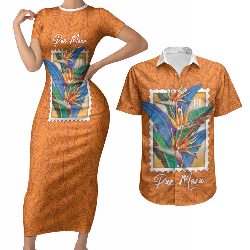 Aloha Hawaii Pua Manu Couples Matching Short Sleeve Bodycon Dress and Hawaiian Shirt Hawaiian Bird of Paradise Flowers Stylized Stamp LT14 Orange - Polynesian Pride