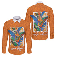 Aloha Hawaii Pua Manu Family Matching Mermaid Dress and Hawaiian Shirt Hawaiian Bird of Paradise Flowers Stylized Stamp LT14 Dad's Shirt - Long Sleeve Orange - Polynesian Pride