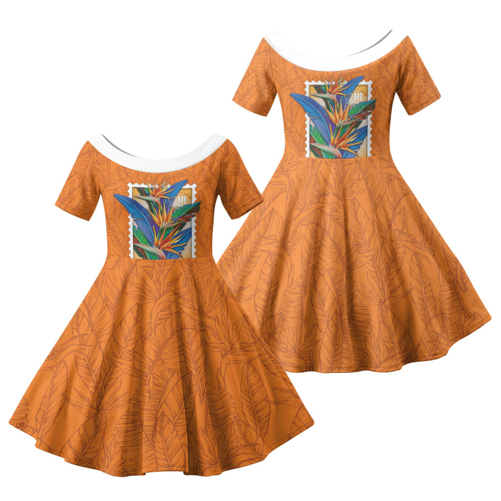 Aloha Hawaii Pua Manu Family Matching Mermaid Dress and Hawaiian Shirt Hawaiian Bird of Paradise Flowers Stylized Stamp LT14 Daughter's Dress Orange - Polynesian Pride