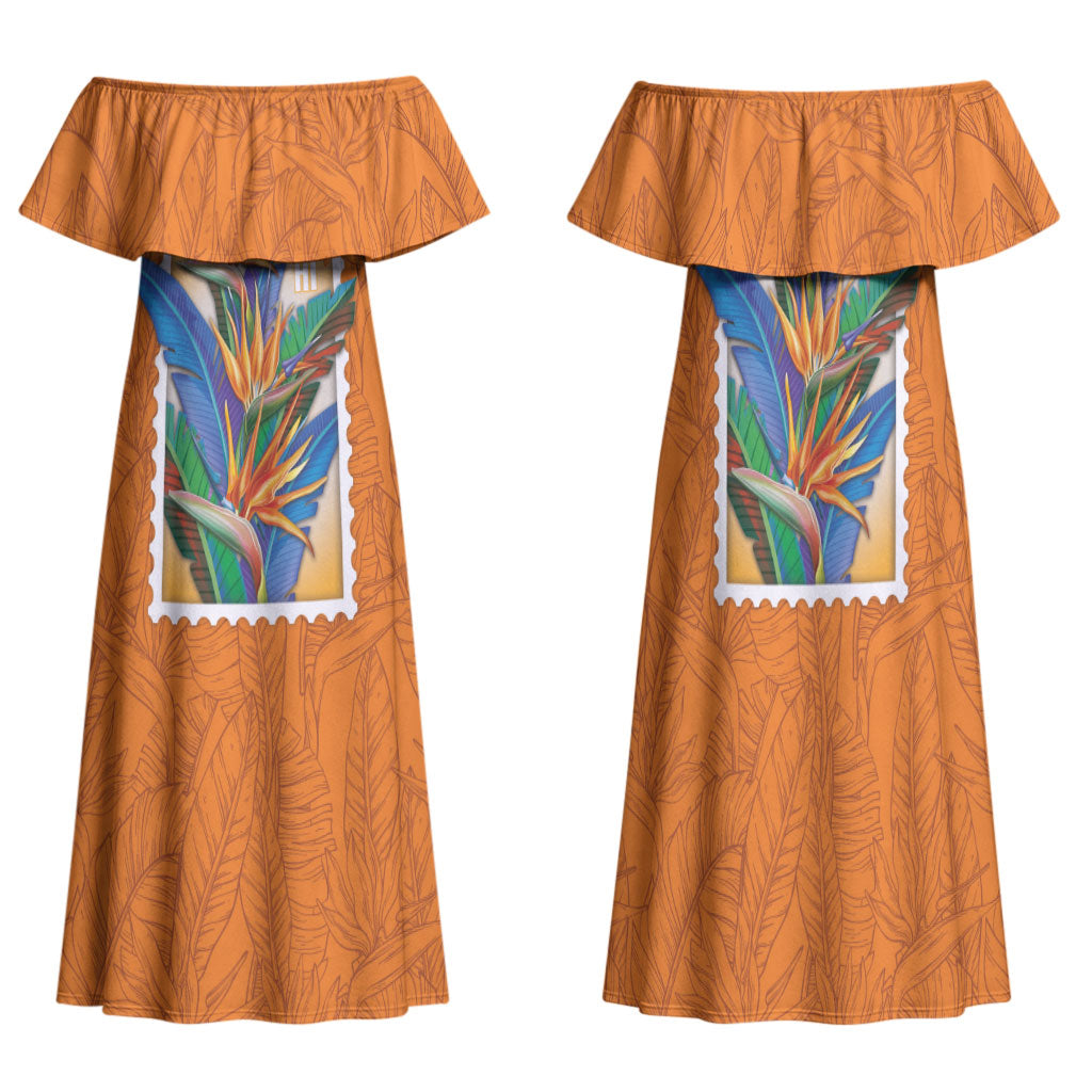 Aloha Hawaii Pua Manu Family Matching Off Shoulder Maxi Dress and Hawaiian Shirt Hawaiian Bird of Paradise Flowers Stylized Stamp LT14 Mom's Dress Orange - Polynesian Pride