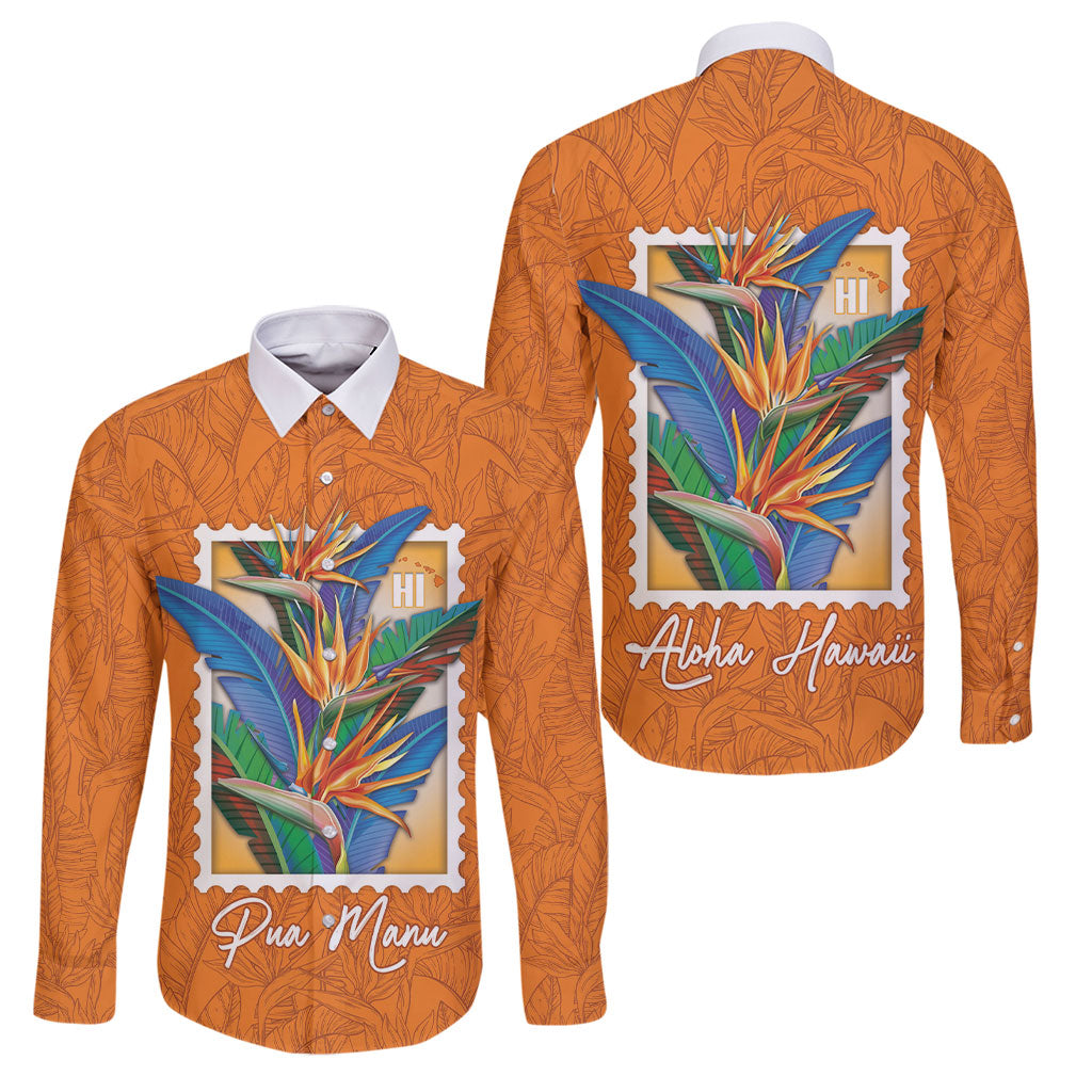 Aloha Hawaii Pua Manu Family Matching Puletasi and Hawaiian Shirt Hawaiian Bird of Paradise Flowers Stylized Stamp LT14 Dad's Shirt - Long Sleeve Orange - Polynesian Pride