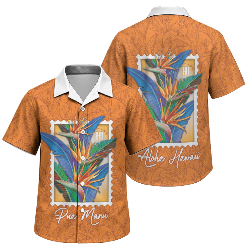 Aloha Hawaii Pua Manu Family Matching Summer Maxi Dress and Hawaiian Shirt Hawaiian Bird of Paradise Flowers Stylized Stamp LT14 Son's Shirt Orange - Polynesian Pride