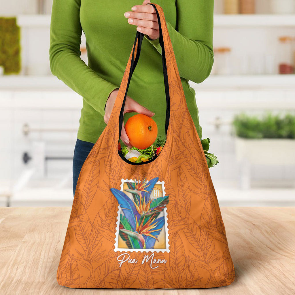 Aloha Hawaii Pua Manu Grocery Bag Hawaiian Bird of Paradise Flowers Stylized Stamp