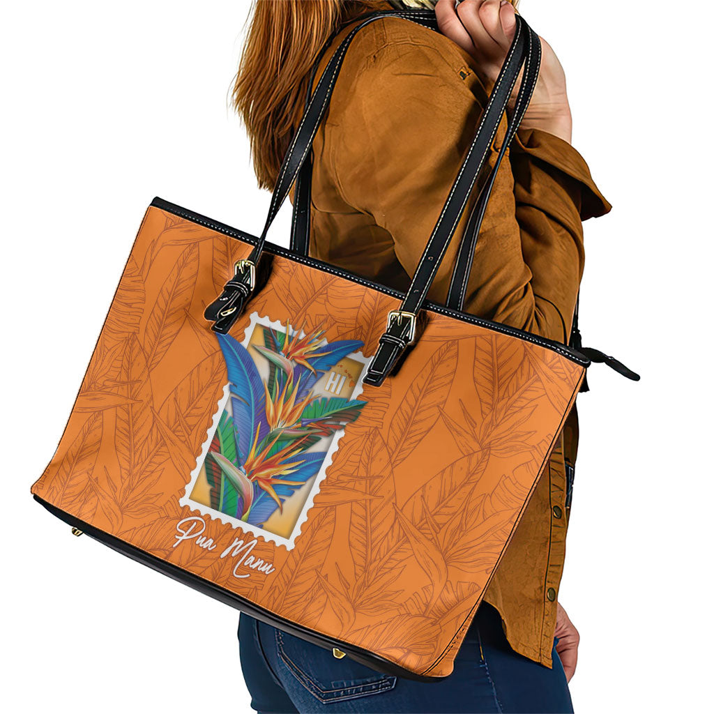 Aloha Hawaii Pua Manu Leather Tote Bag Hawaiian Bird of Paradise Flowers Stylized Stamp
