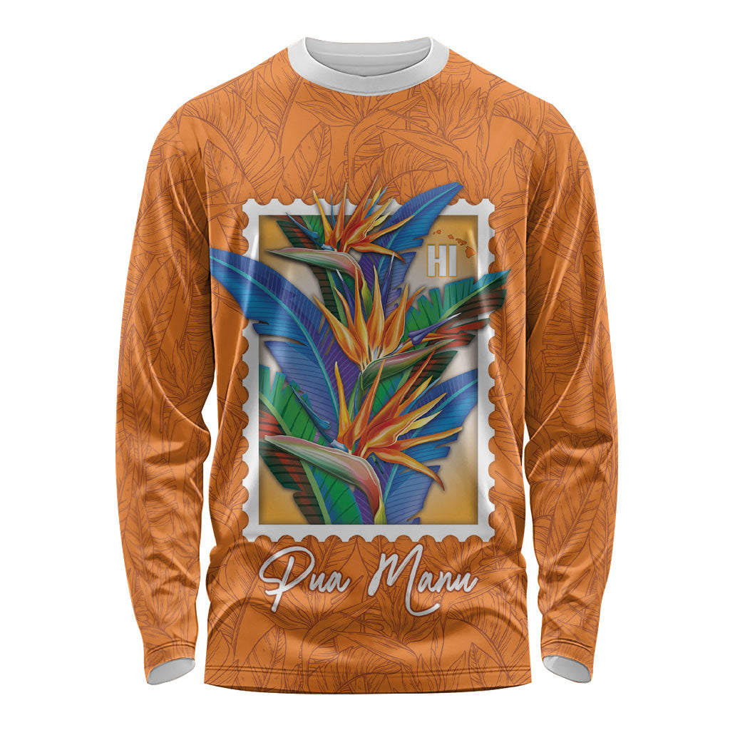 Aloha Hawaii Pua Manu Long Sleeve Shirt Hawaiian Bird of Paradise Flowers Stylized Stamp