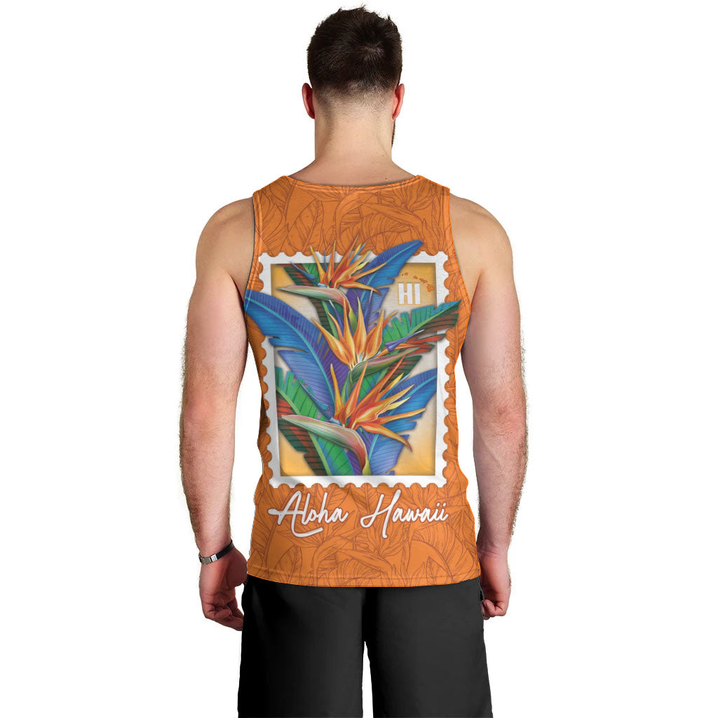 Aloha Hawaii Pua Manu Men Tank Top Hawaiian Bird of Paradise Flowers Stylized Stamp