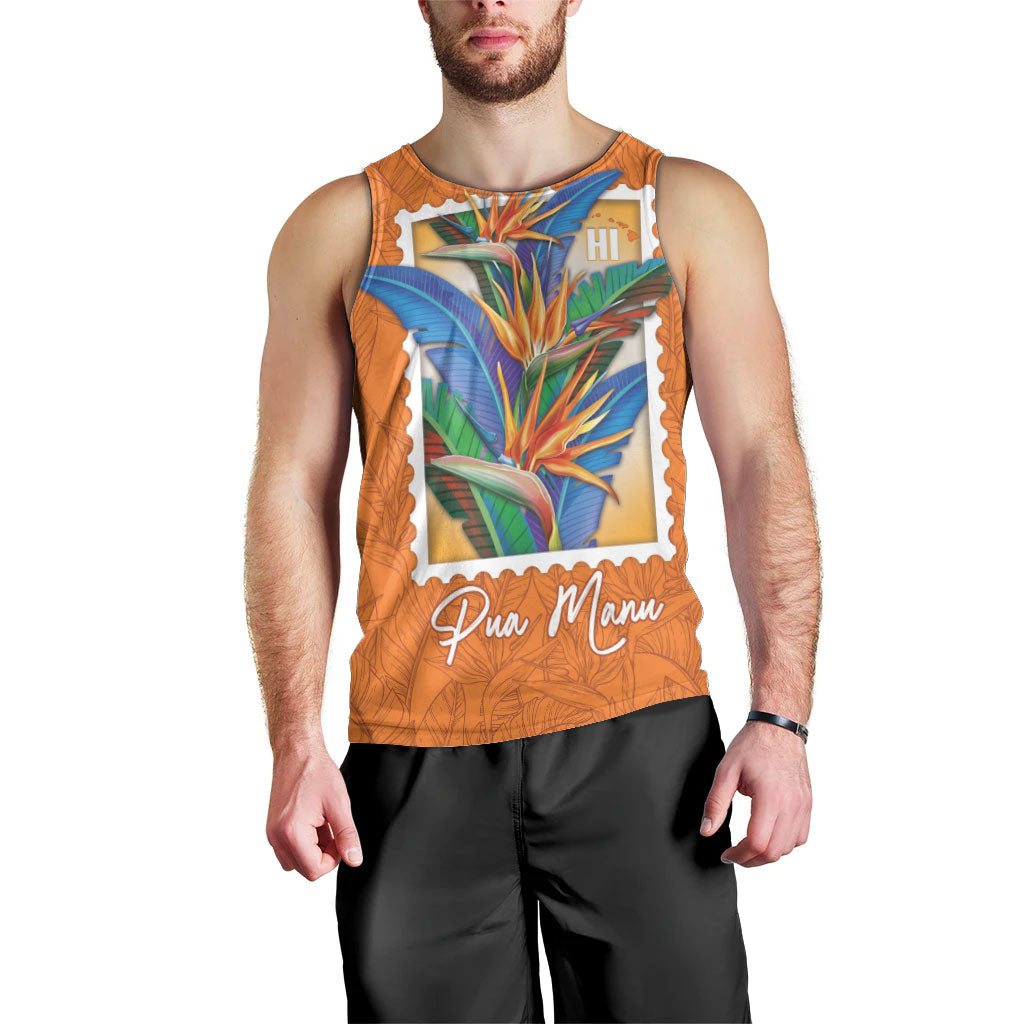 Aloha Hawaii Pua Manu Men Tank Top Hawaiian Bird of Paradise Flowers Stylized Stamp