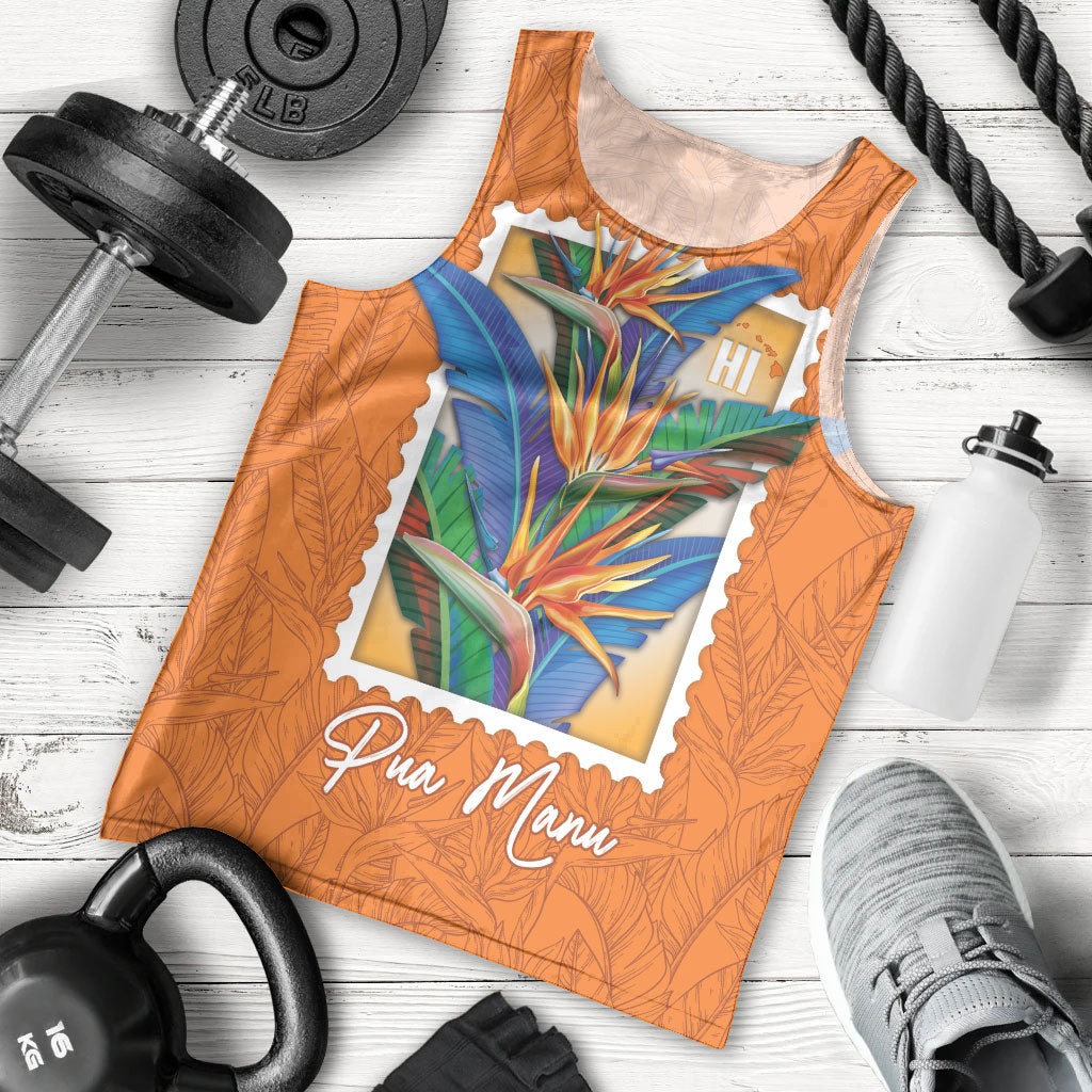 Aloha Hawaii Pua Manu Men Tank Top Hawaiian Bird of Paradise Flowers Stylized Stamp