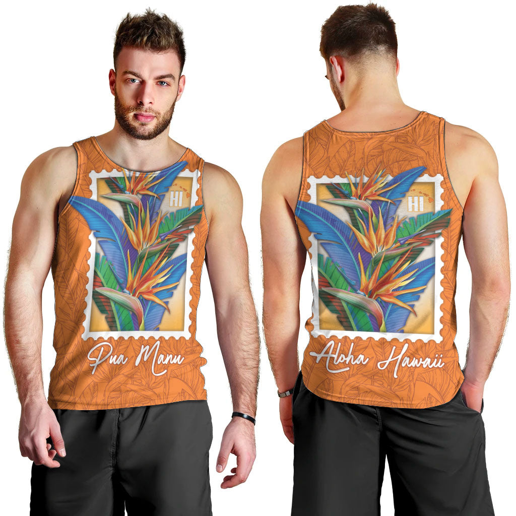 Aloha Hawaii Pua Manu Men Tank Top Hawaiian Bird of Paradise Flowers Stylized Stamp