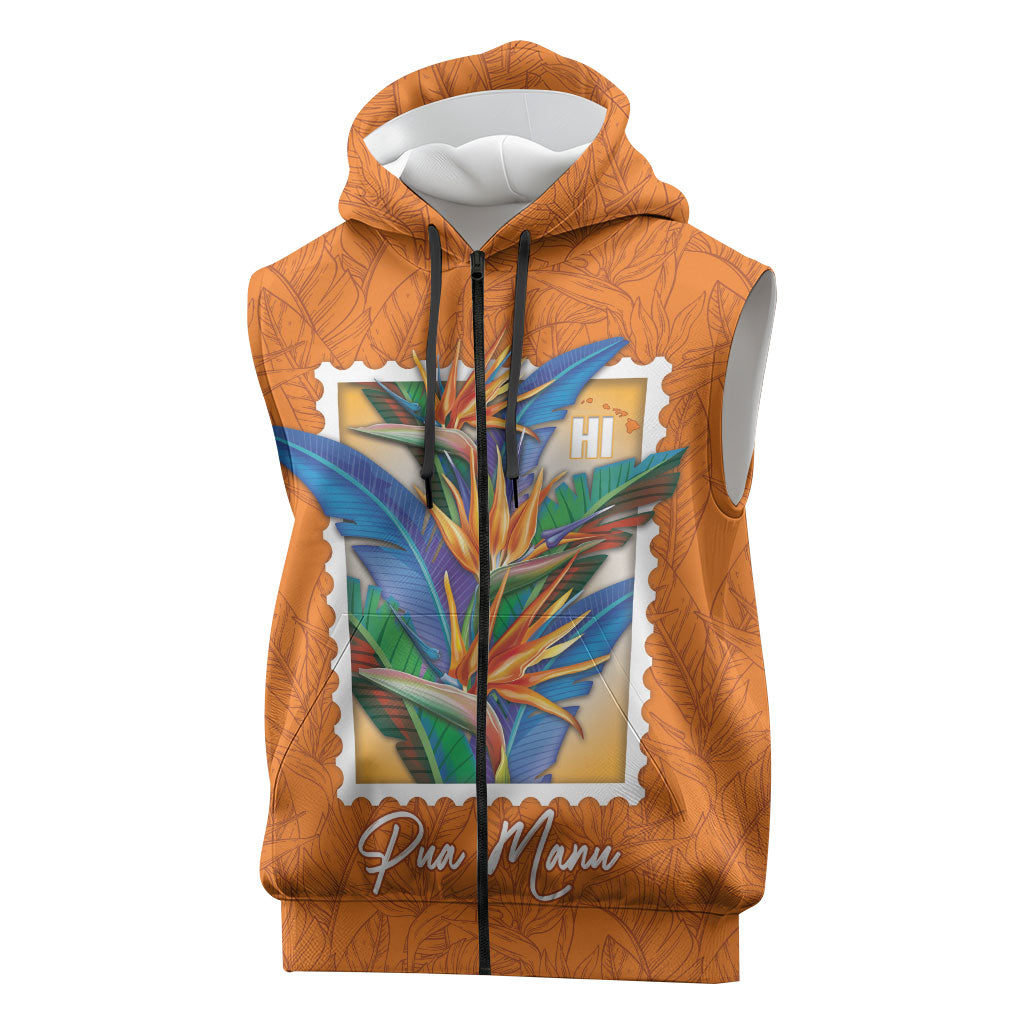 Aloha Hawaii Pua Manu Sleeveless Zip Hoodie Hawaiian Bird of Paradise Flowers Stylized Stamp LT14 Orange - Polynesian Pride