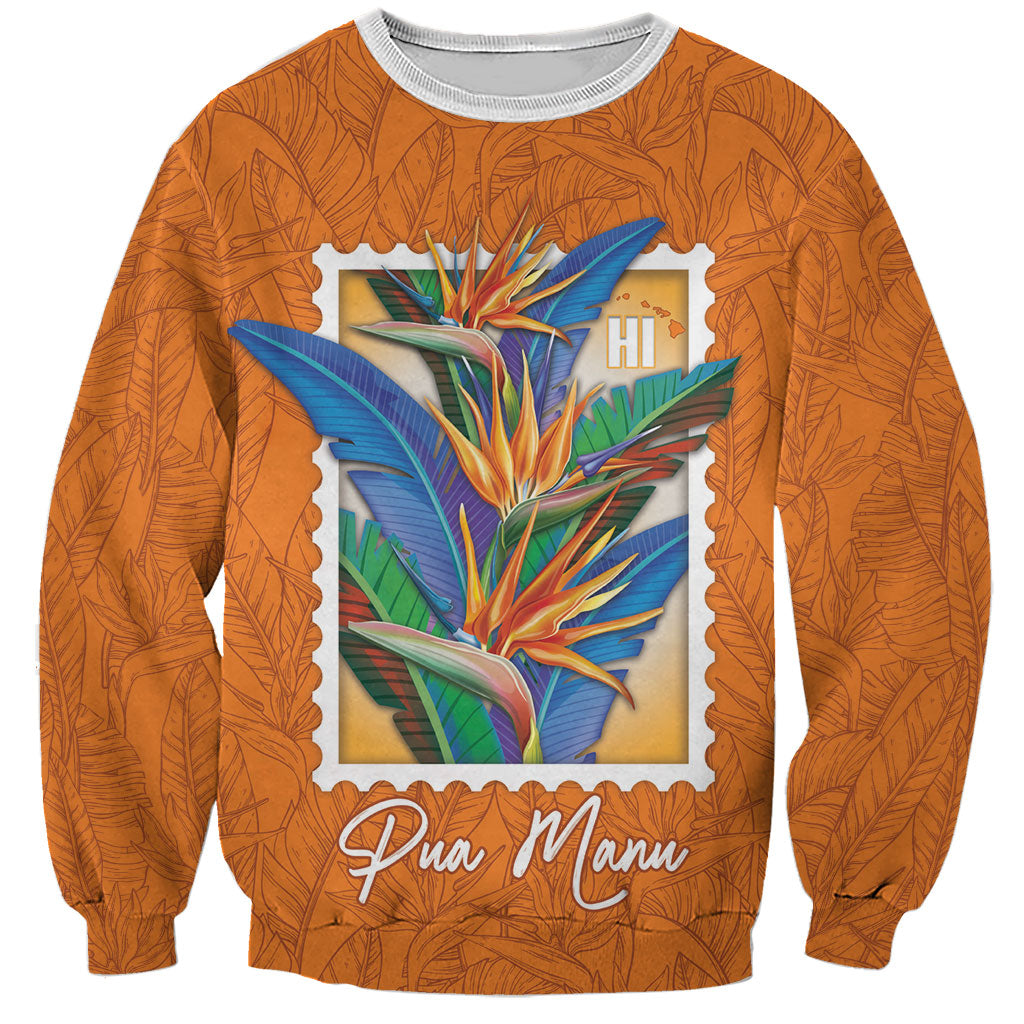Aloha Hawaii Pua Manu Sweatshirt Hawaiian Bird of Paradise Flowers Stylized Stamp LT14 Unisex Orange - Polynesian Pride