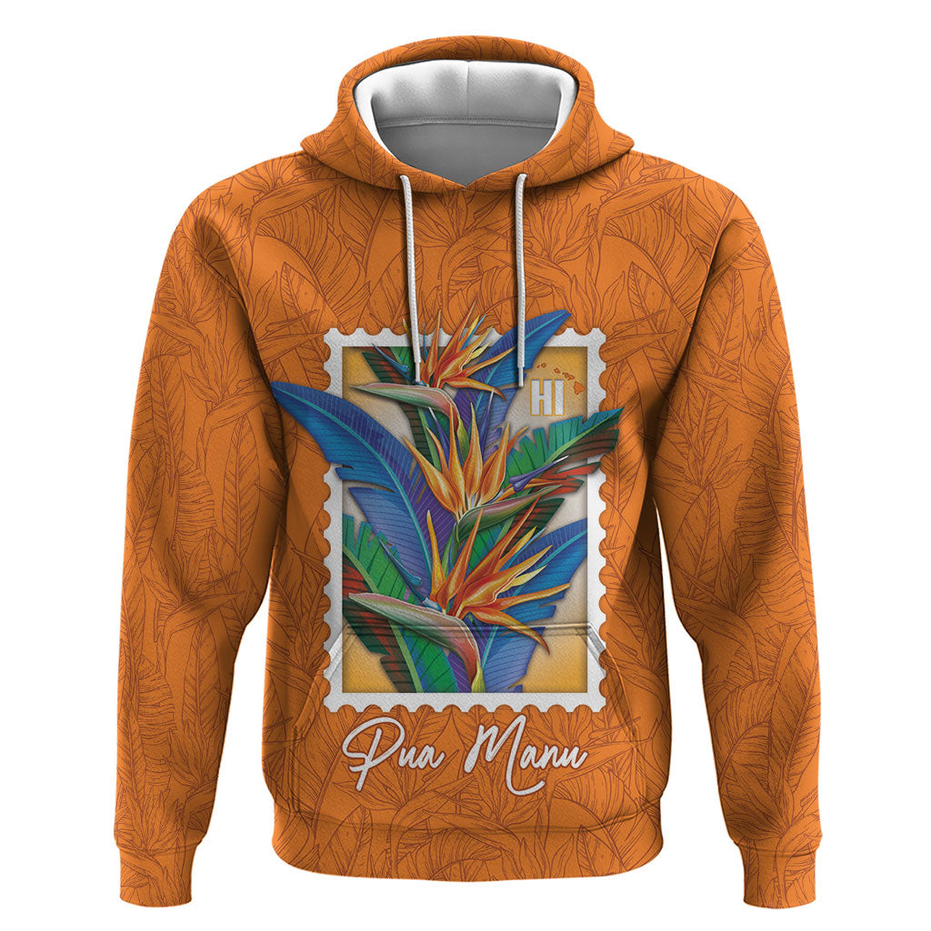 Aloha Hawaii Pua Manu Zip Hoodie Hawaiian Bird of Paradise Flowers Stylized Stamp LT14 Pullover Hoodie Orange - Polynesian Pride