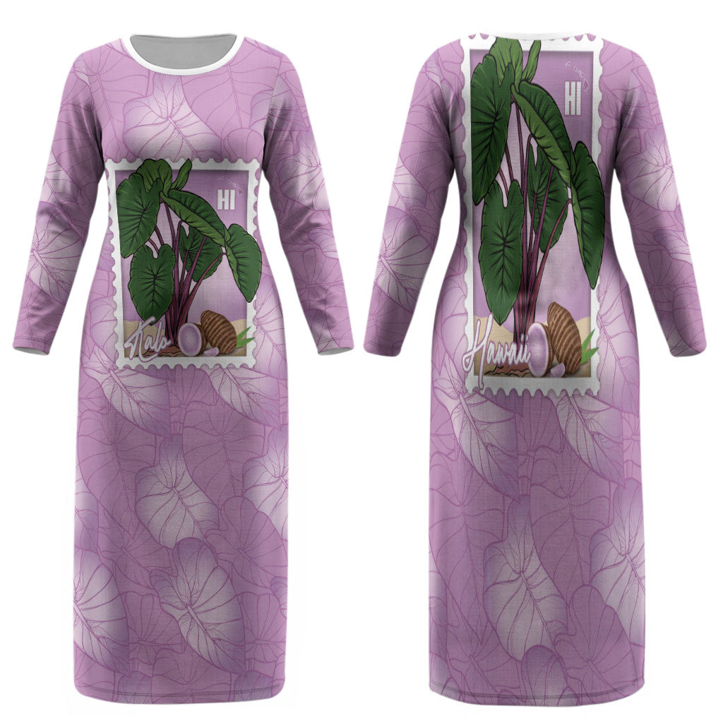 Aloha Hawaii Kalo Family Matching Long Sleeve Bodycon Dress and Hawaiian Shirt Hawaiian Taro Leaves Stylized Stamp LT14 Mom's Dress Purple - Polynesian Pride
