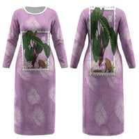 Aloha Hawaii Kalo Family Matching Long Sleeve Bodycon Dress and Hawaiian Shirt Hawaiian Taro Leaves Stylized Stamp LT14 Mom's Dress Purple - Polynesian Pride
