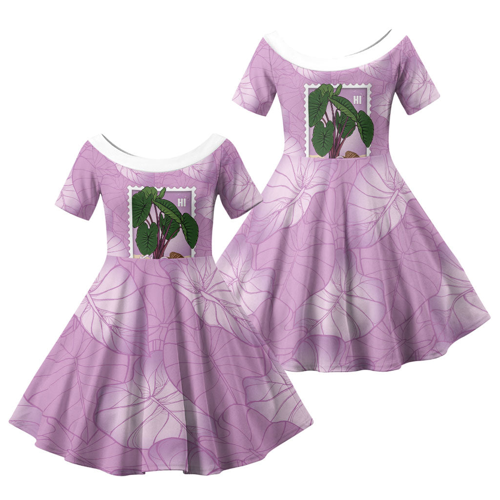 Aloha Hawaii Kalo Family Matching Mermaid Dress and Hawaiian Shirt Hawaiian Taro Leaves Stylized Stamp LT14 Daughter's Dress Purple - Polynesian Pride